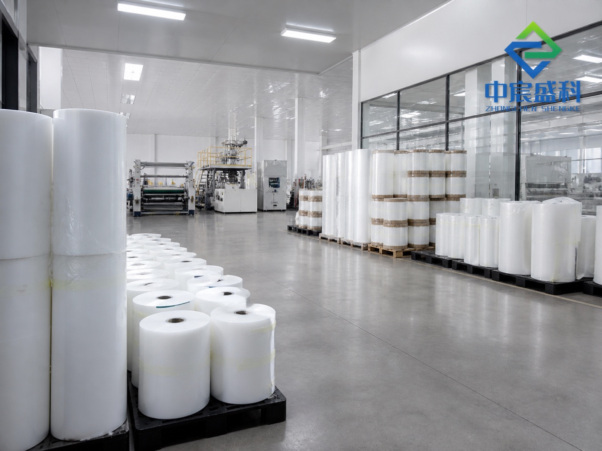 Finished PE packaging film rolls stored inside clean workshop