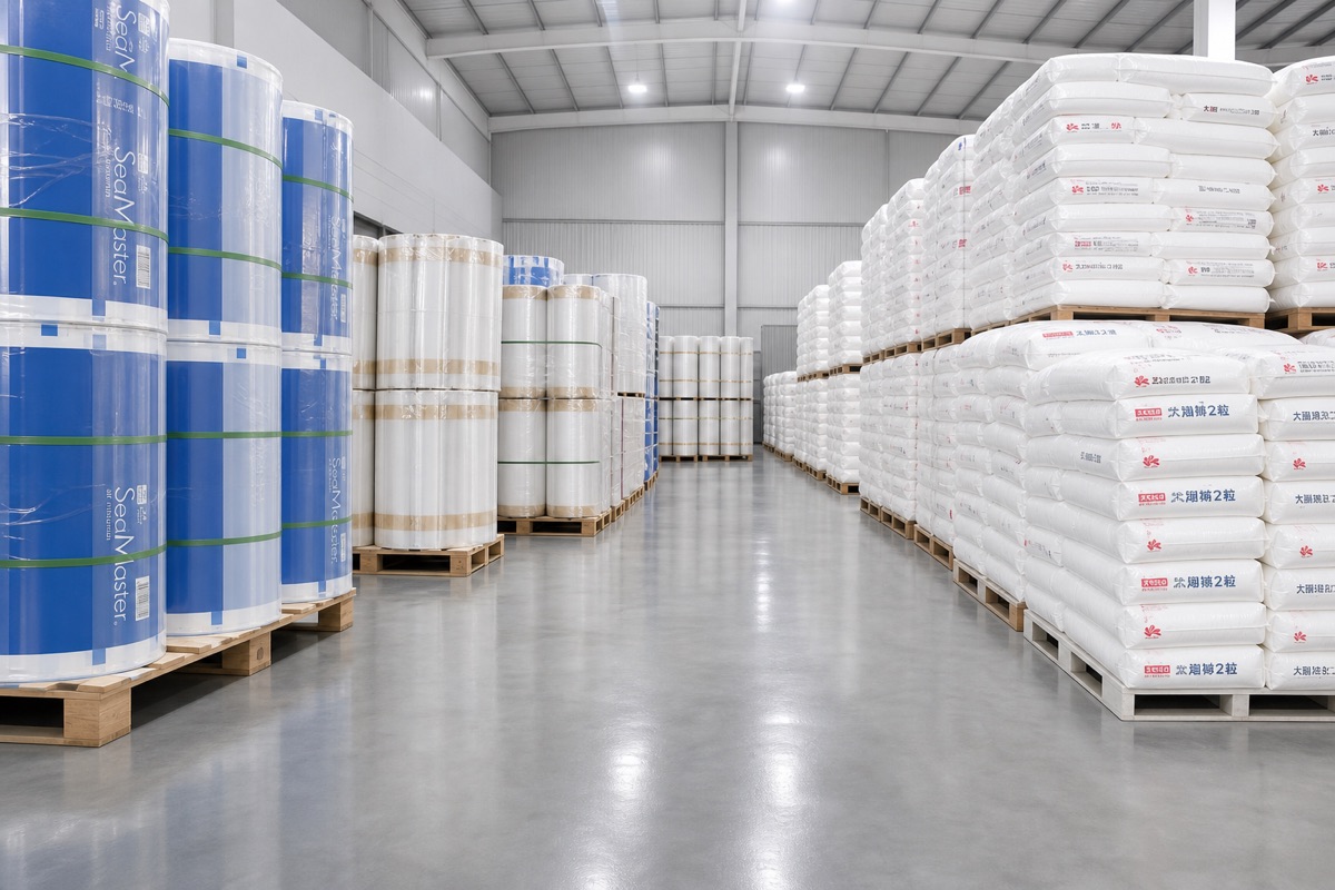 Palletized finished PE film goods in warehouse aisle
