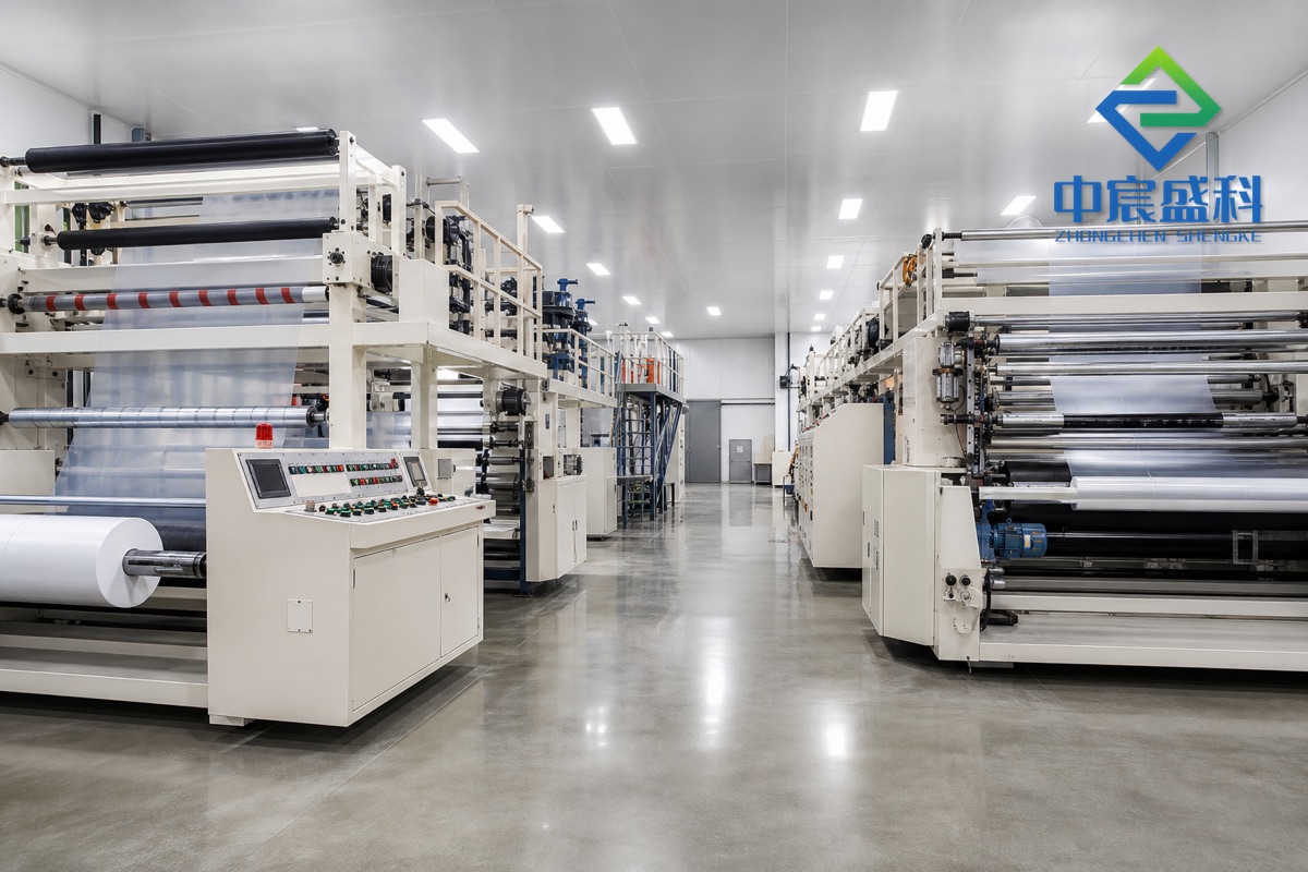 Zhongchen Shengke PE packaging film production workshop with industrial film machines