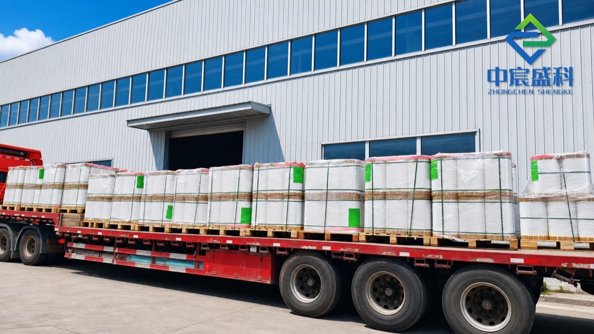 Truck loaded with palletized packaging film rolls outside Zhongchen Shengke factory