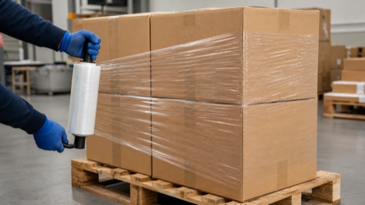 Worker wrapping carton pallet with stretch film