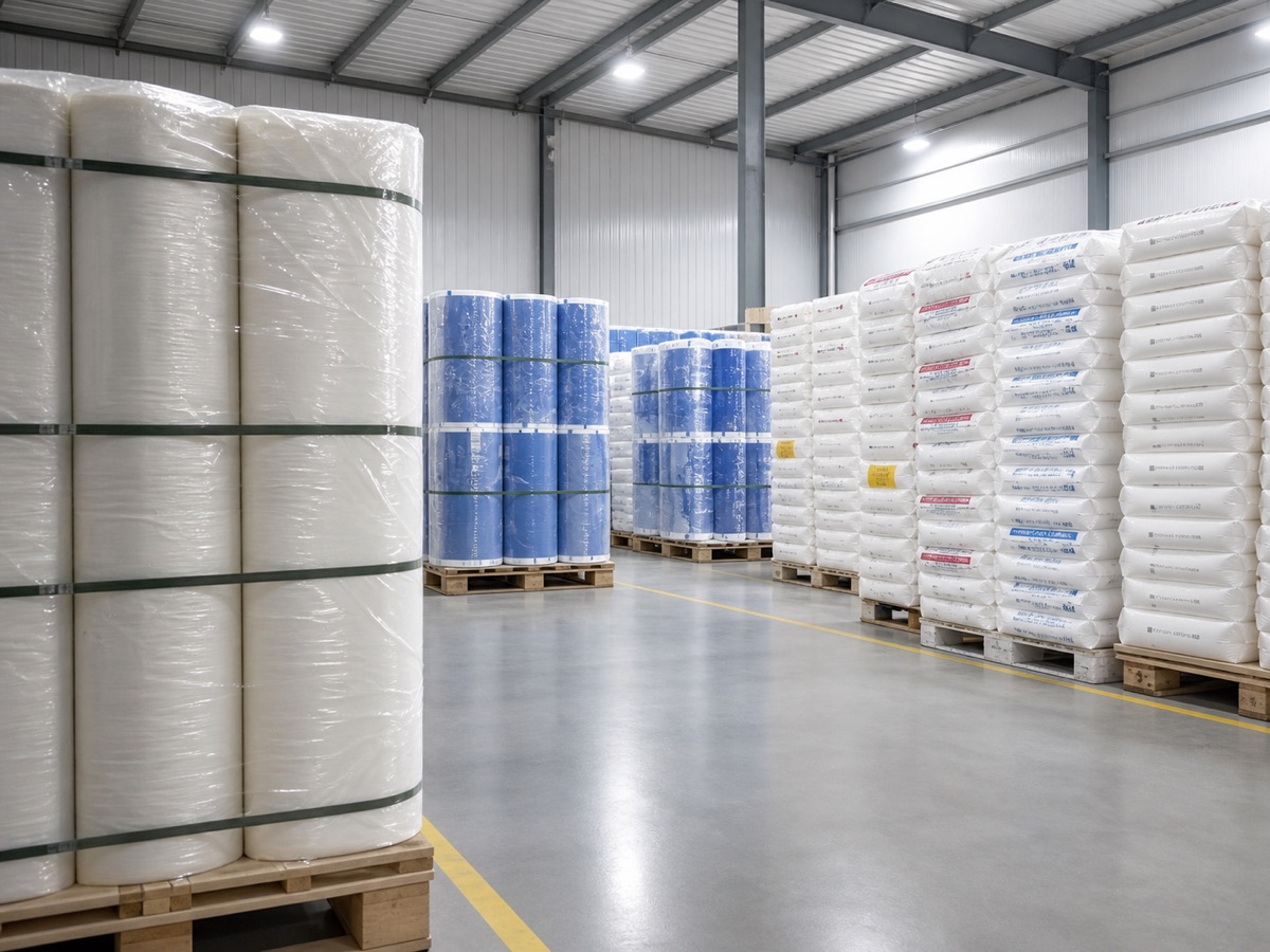 Warehouse with palletized film rolls and packed raw materials